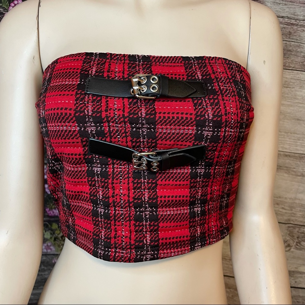 Strapless Red/Black Belted Crop Top